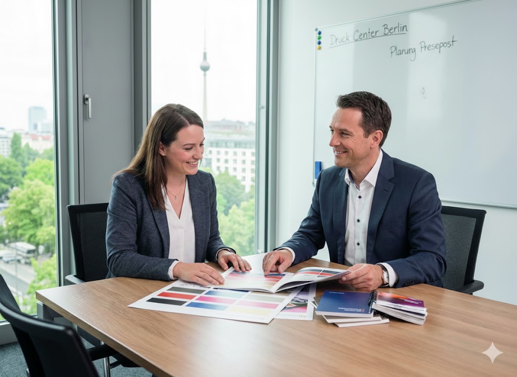 Persönliche Druckberatung in Berlin - Fachexperten besprechen Druckprojekt mit Kunden