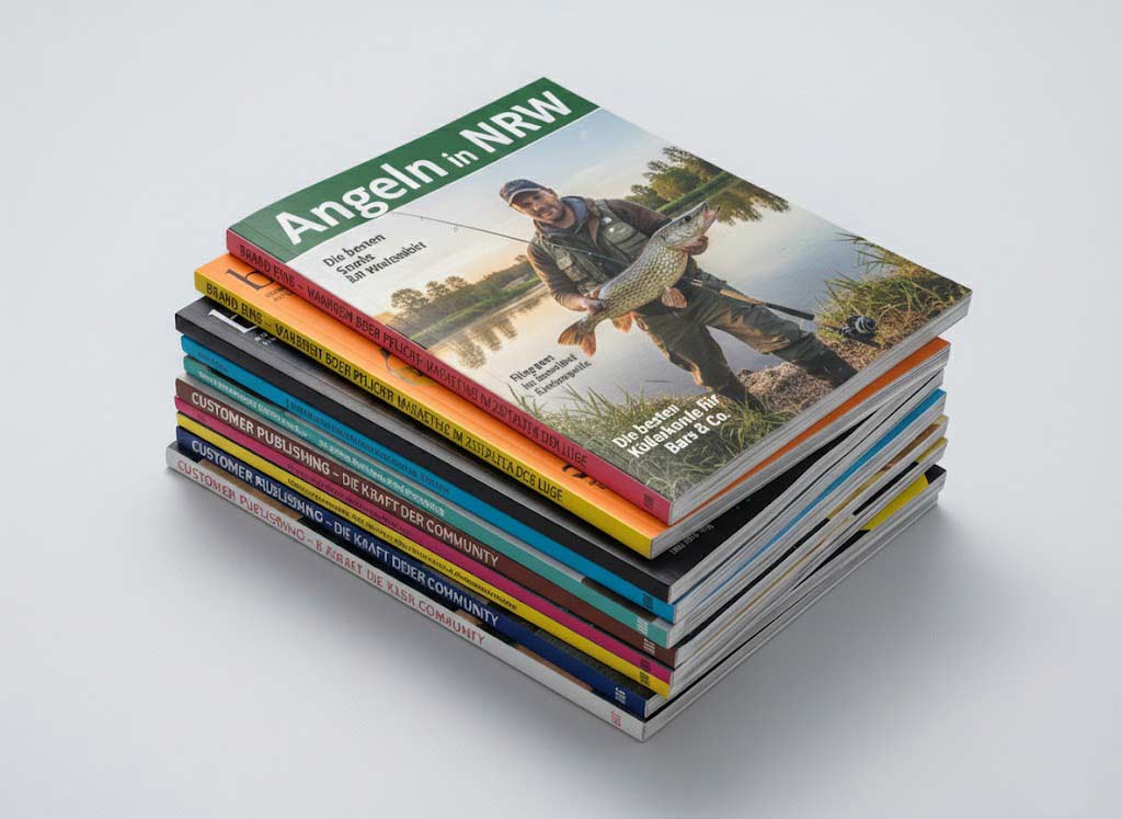 Kundenmagazine und Zeitschriften mit farbenfrohen Covern und deutschen Überschriften - Druck und Presseversand