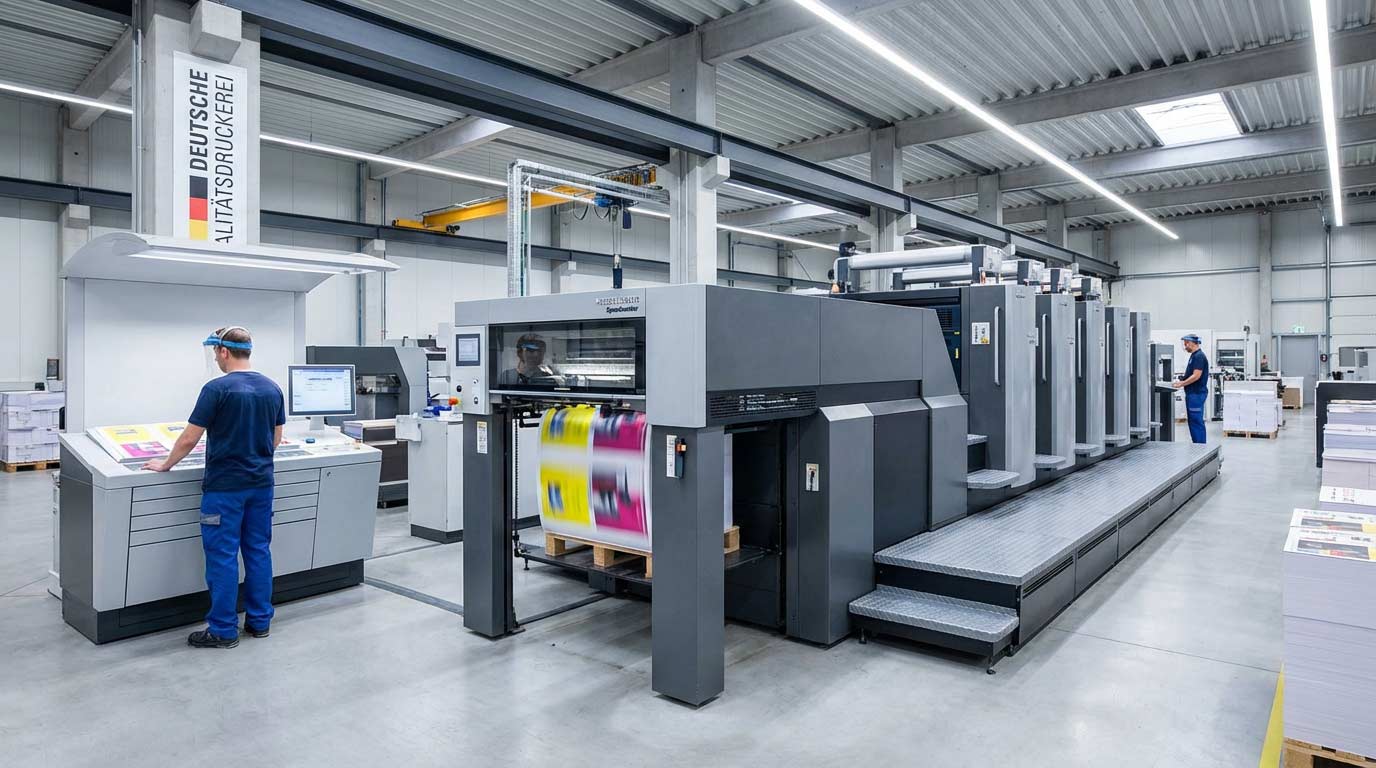 Moderne Offsetdruckmaschine in der Druckerei Berlin bei der Produktion hochwertiger Druckerzeugnisse